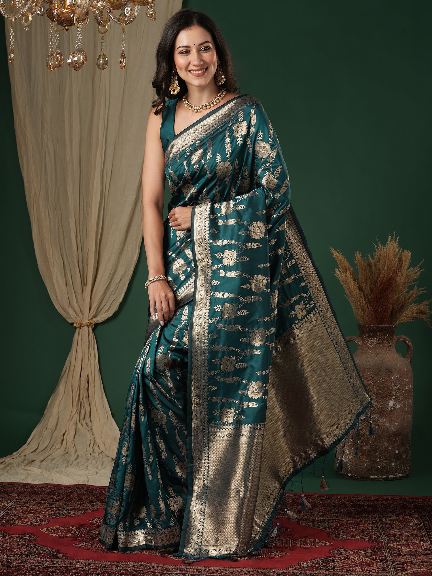 Saree Peacock Forest Green Heritage Banarasi - Ressa