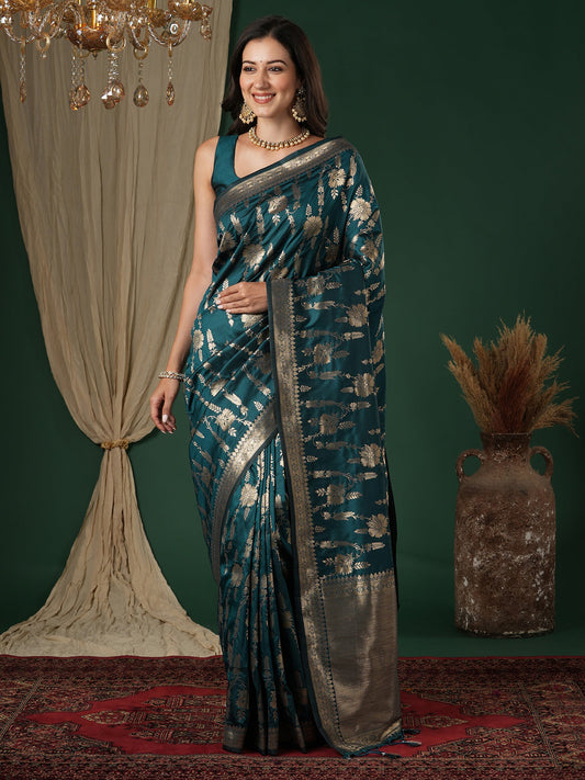 Saree Peacock Forest Green Heritage Banarasi - Ressa