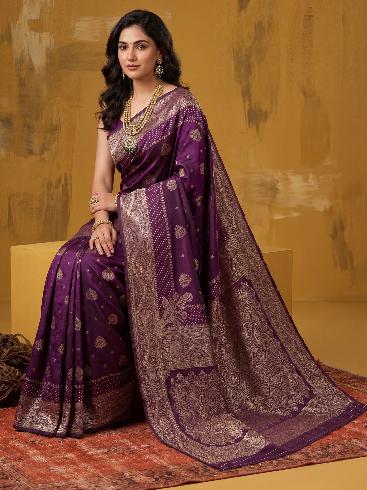 Saree Radiant Magenta Purple Floral Labyrinth Banarasi Silk - Ressa