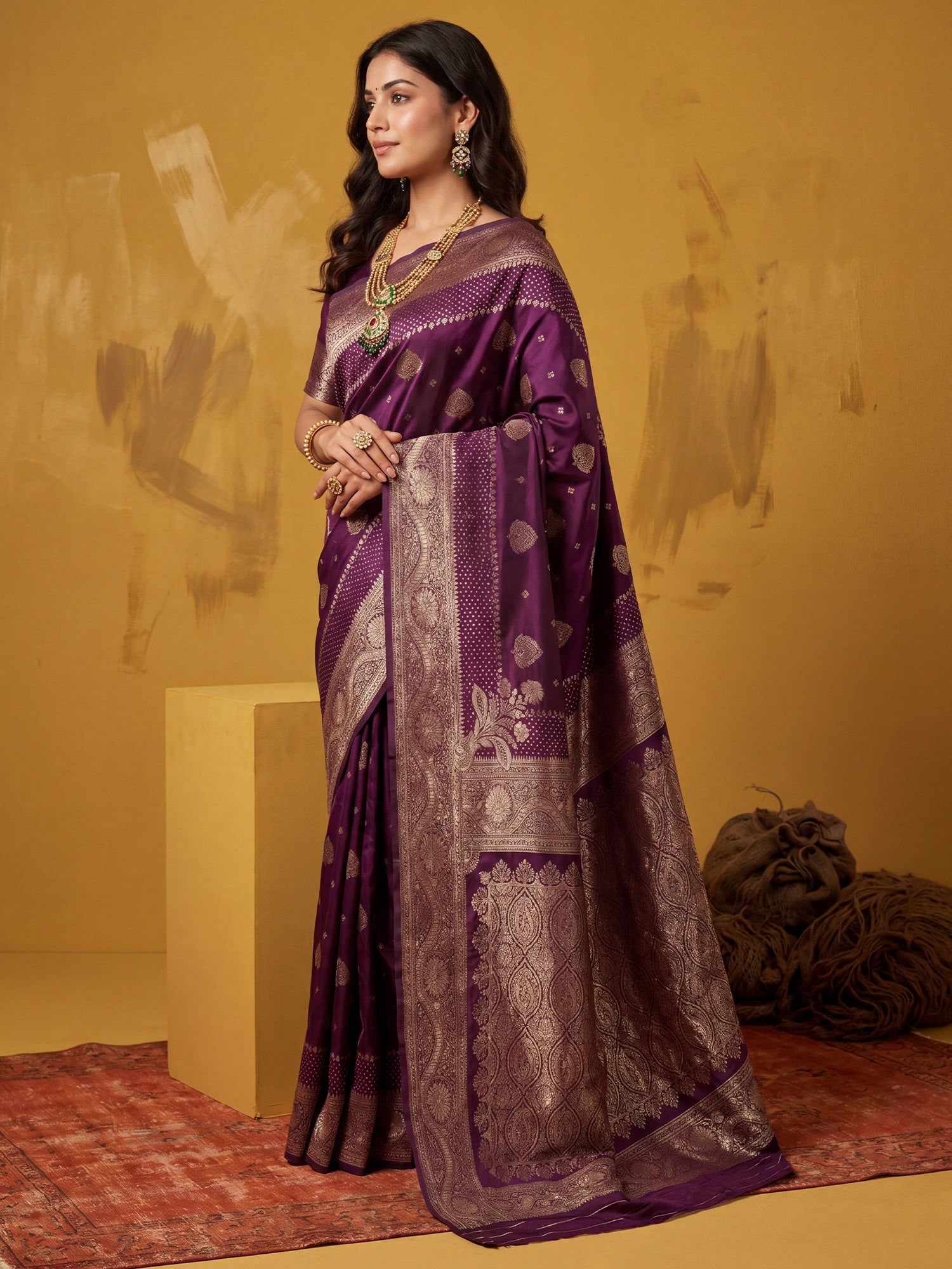 Saree Radiant Magenta Purple Floral Labyrinth Banarasi Silk - Ressa