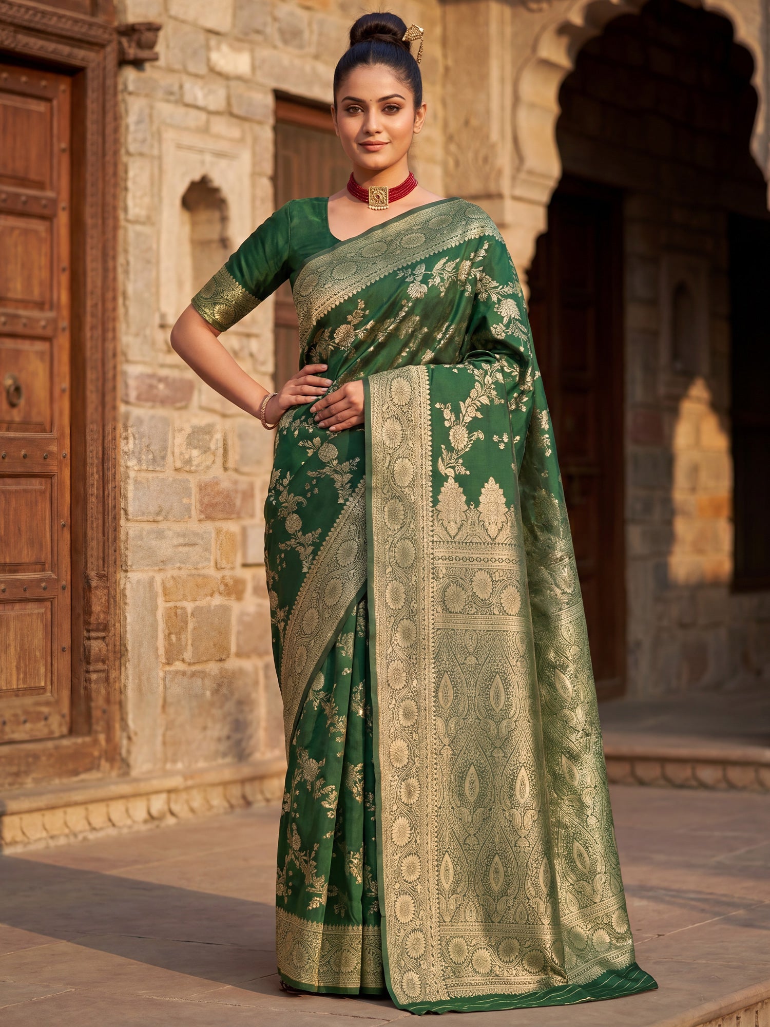 Saree Regal Forest Green Vine & Heritage Paisley Banarasi Silk - Ressa