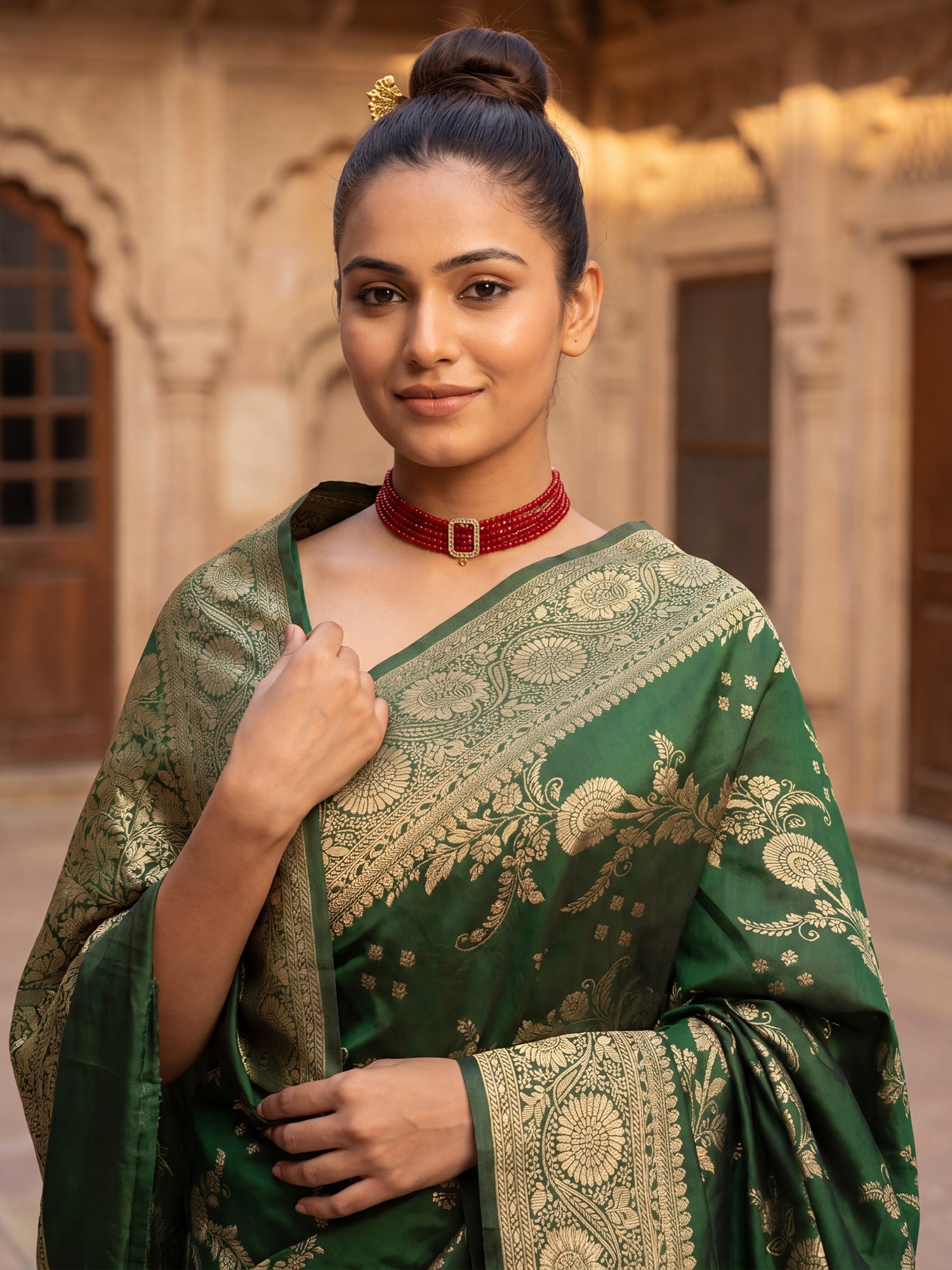 Saree Regal Forest Green Vine & Heritage Paisley Banarasi Silk - Ressa