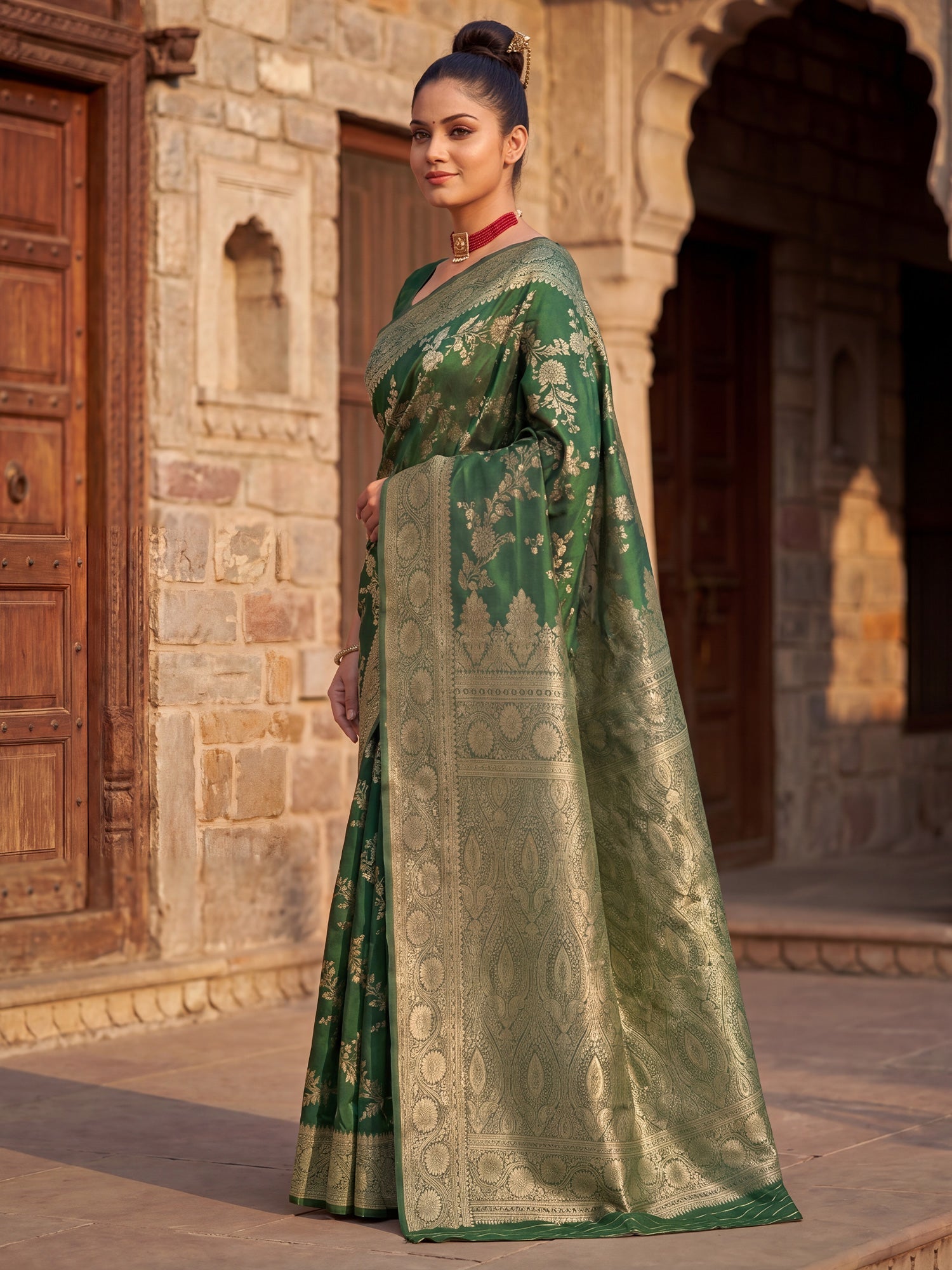 Saree Regal Forest Green Vine & Heritage Paisley Banarasi Silk - Ressa