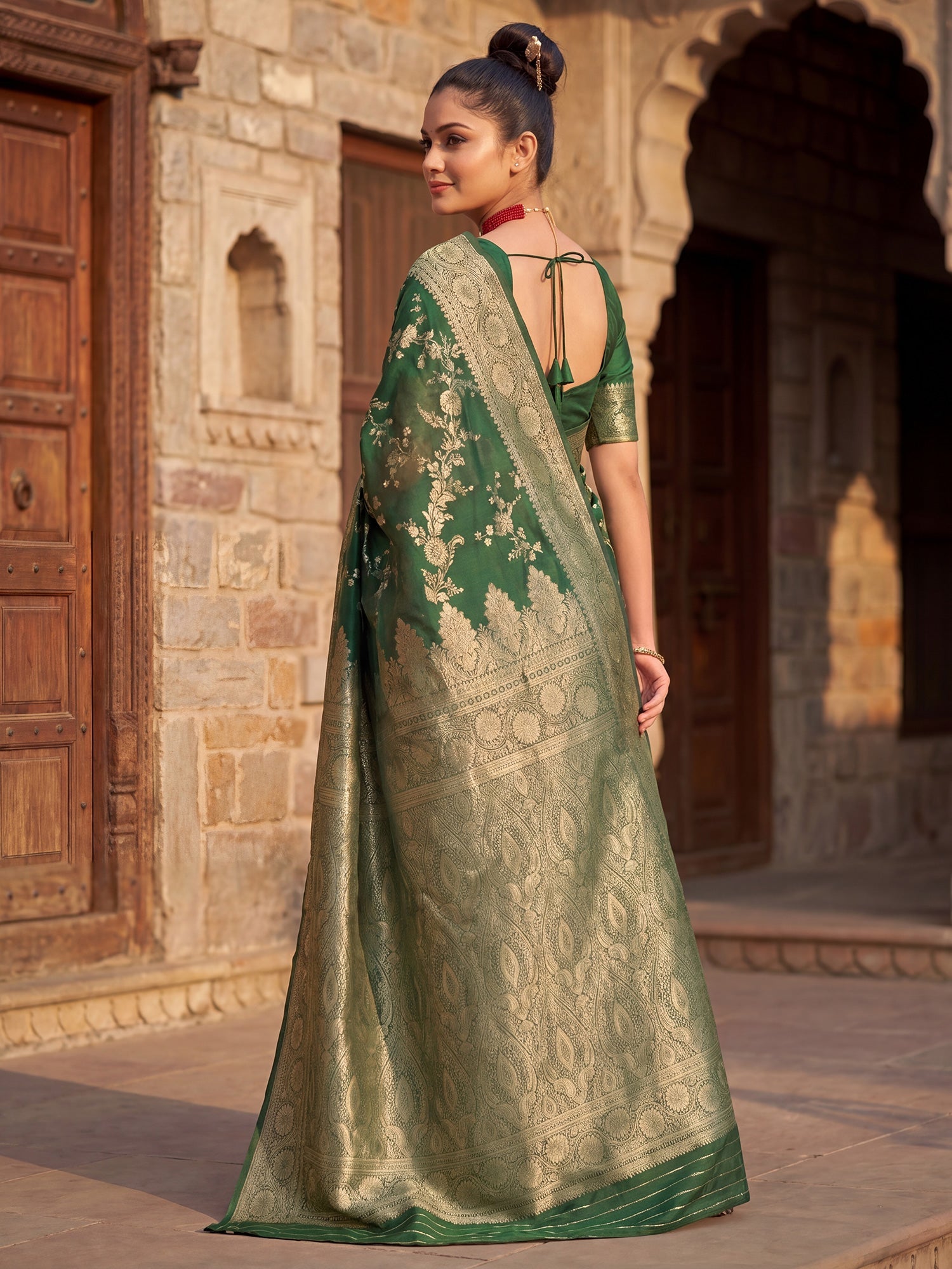 Saree Regal Forest Green Vine & Heritage Paisley Banarasi Silk - Ressa