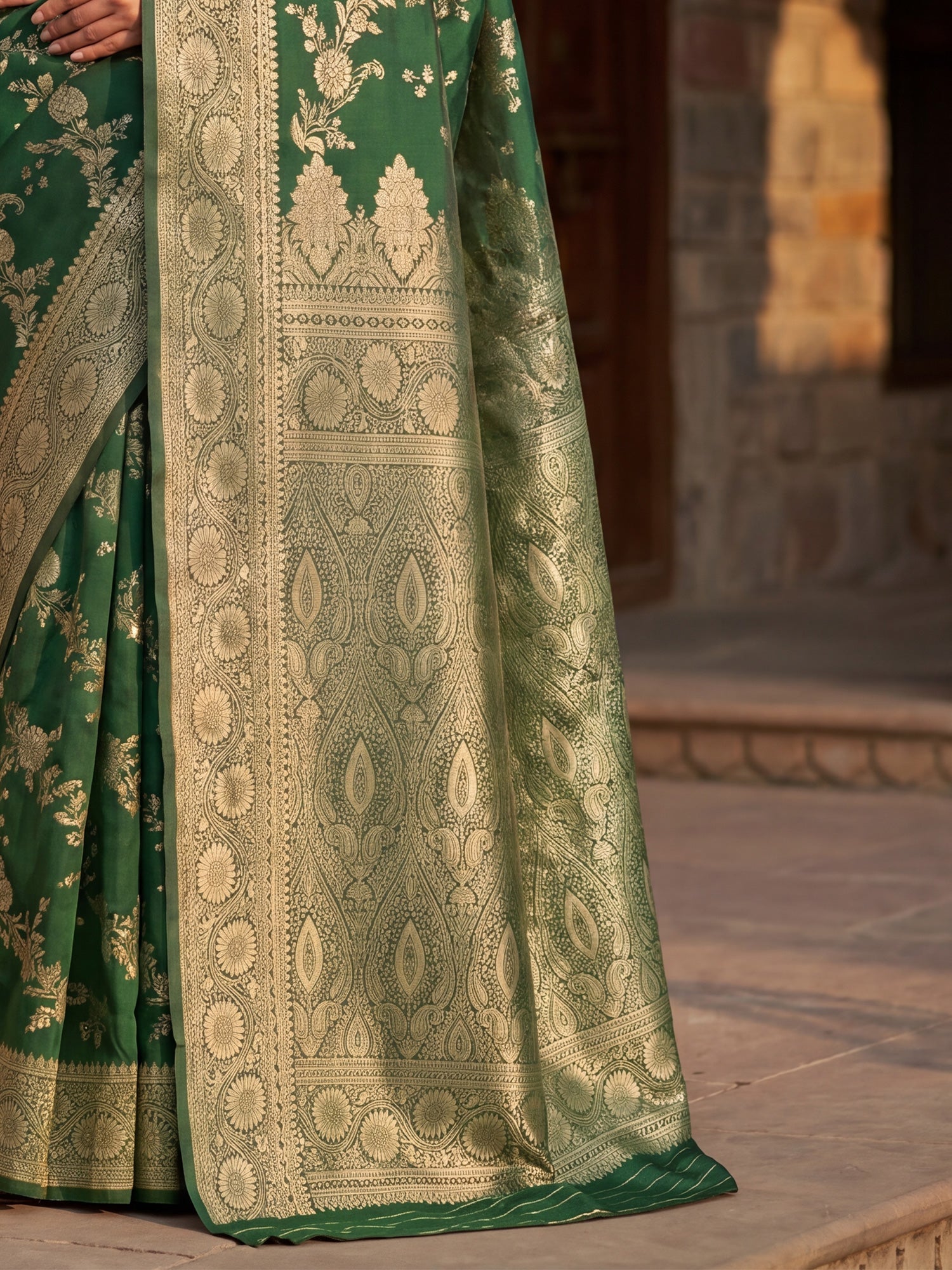Saree Regal Forest Green Vine & Heritage Paisley Banarasi Silk - Ressa