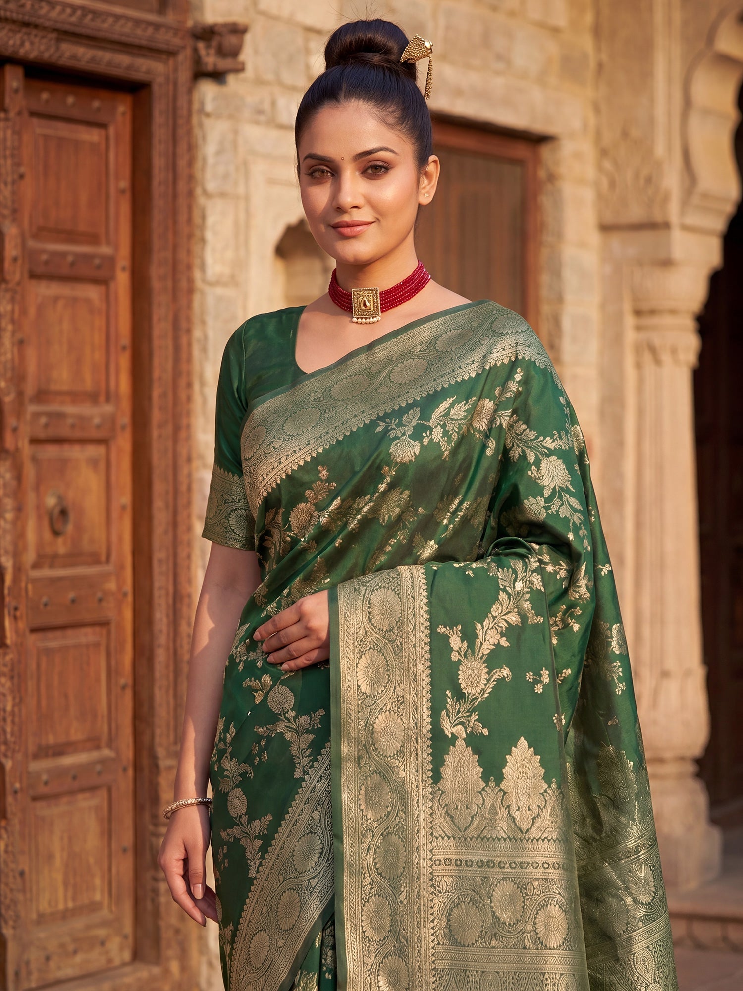 Saree Regal Forest Green Vine & Heritage Paisley Banarasi Silk - Ressa