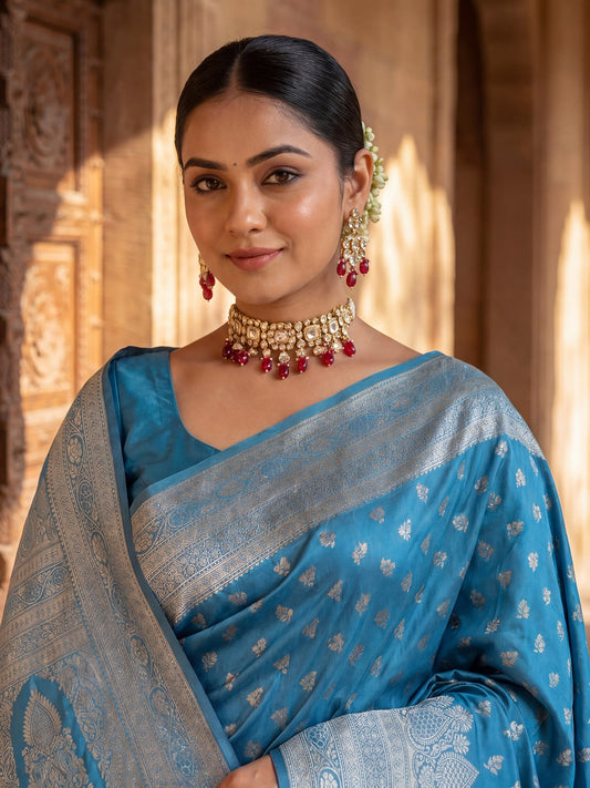 Saree Regal Navy Blue Paisley Motif Banarasi Silk - Ressa