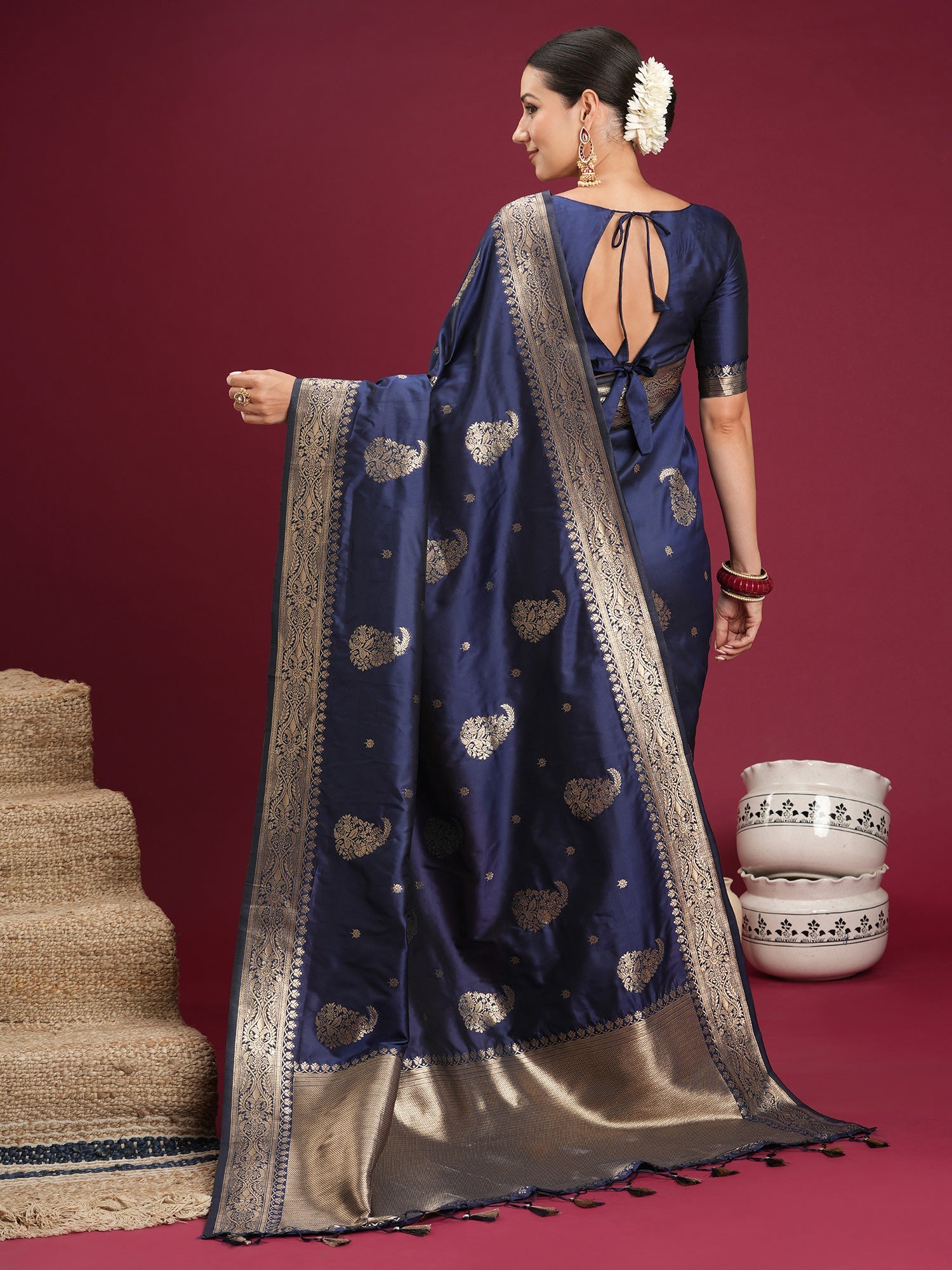 Saree Royal Navy Indigo Katan Silk - Ressa