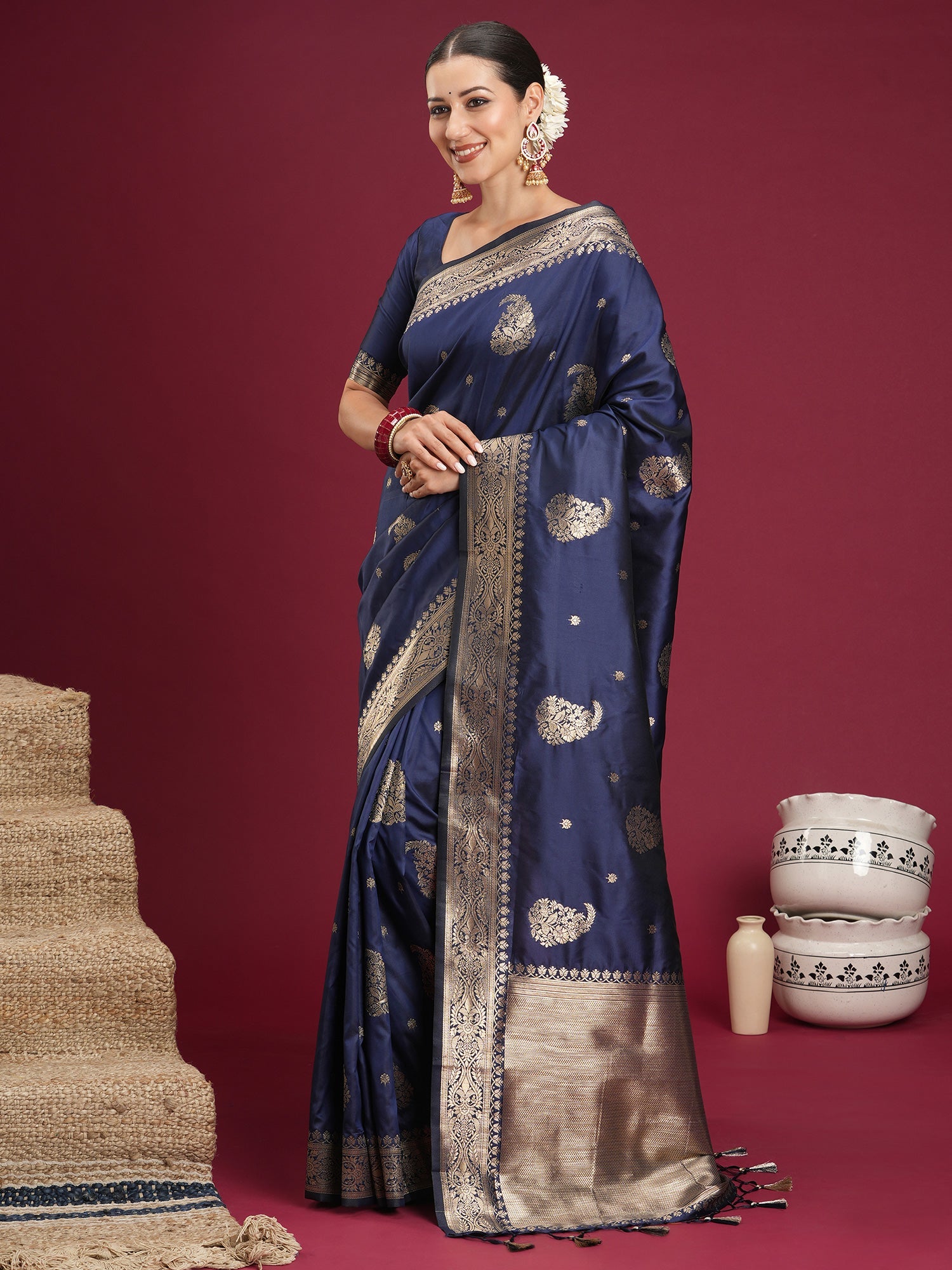 Saree Royal Navy Indigo Katan Silk - Ressa