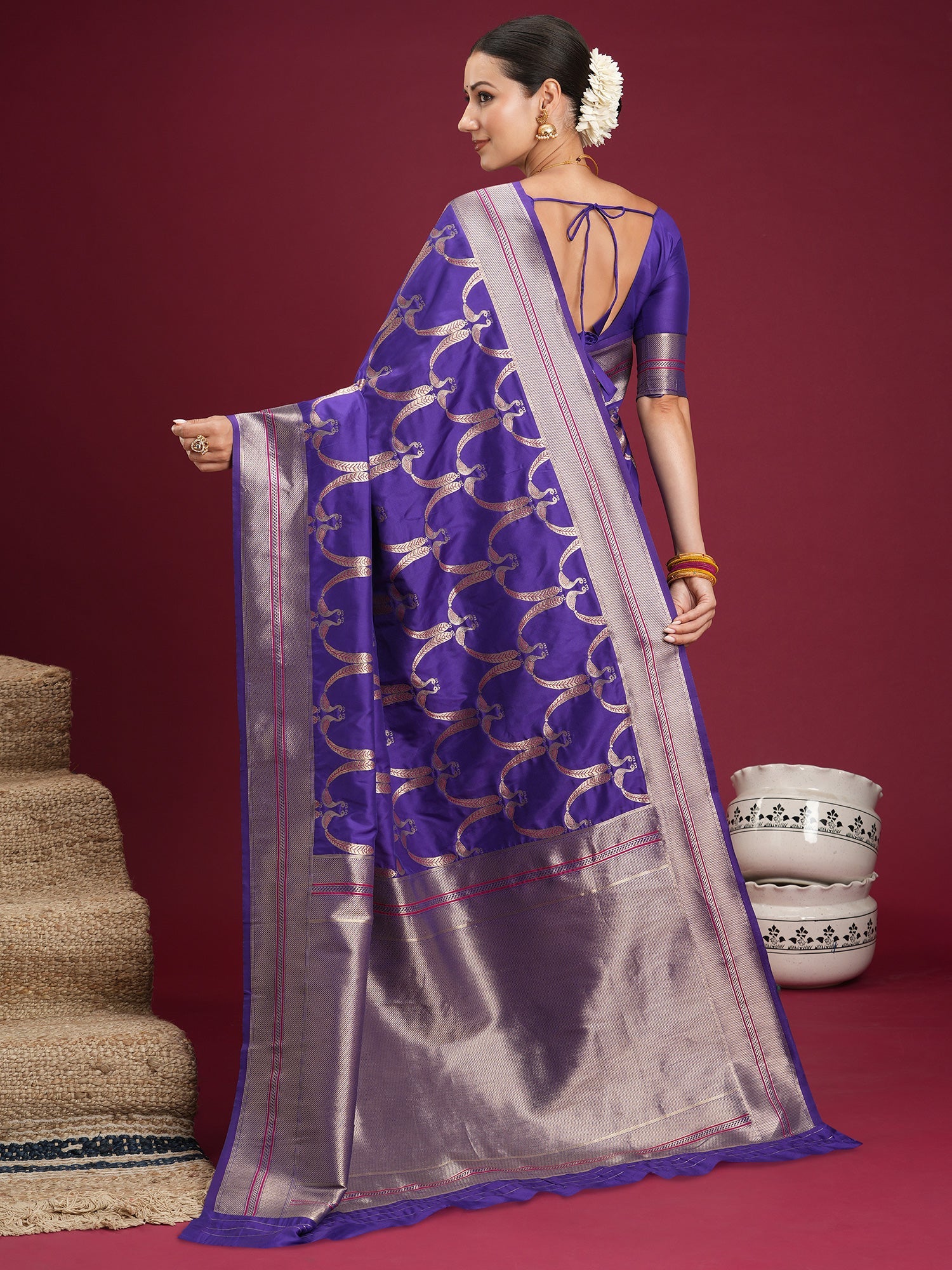 Saree Royal Purple Interlocking Heritage Banarasi Silk - Ressa