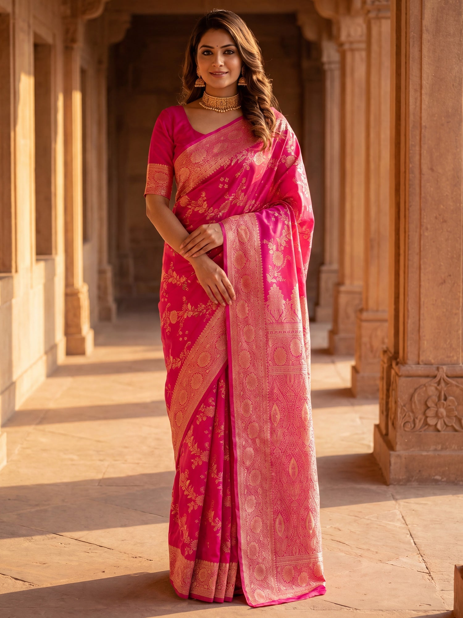 Saree Royal Rani Pink Vine & Heritage Paisley Banarasi Silk - Ressa