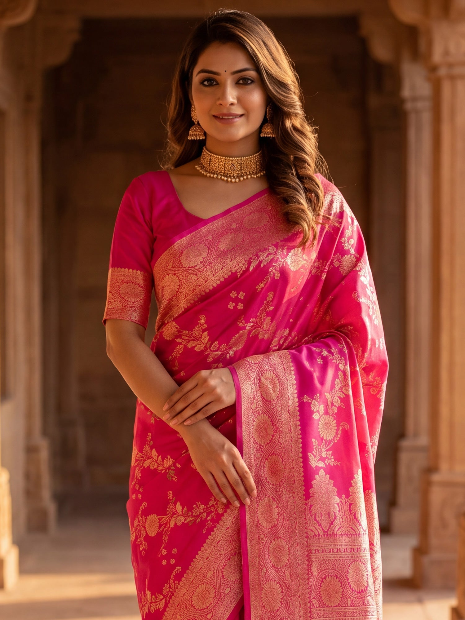Saree Royal Rani Pink Vine & Heritage Paisley Banarasi Silk - Ressa