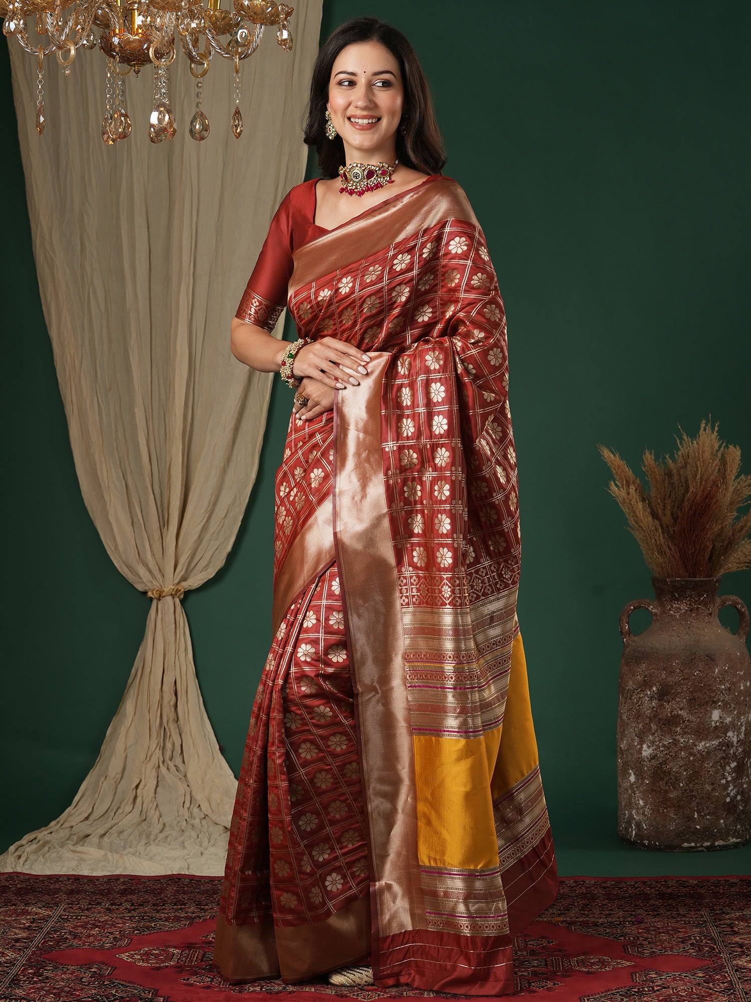 Saree Rust Red Geometric Grid Banarasi Silk - Ressa