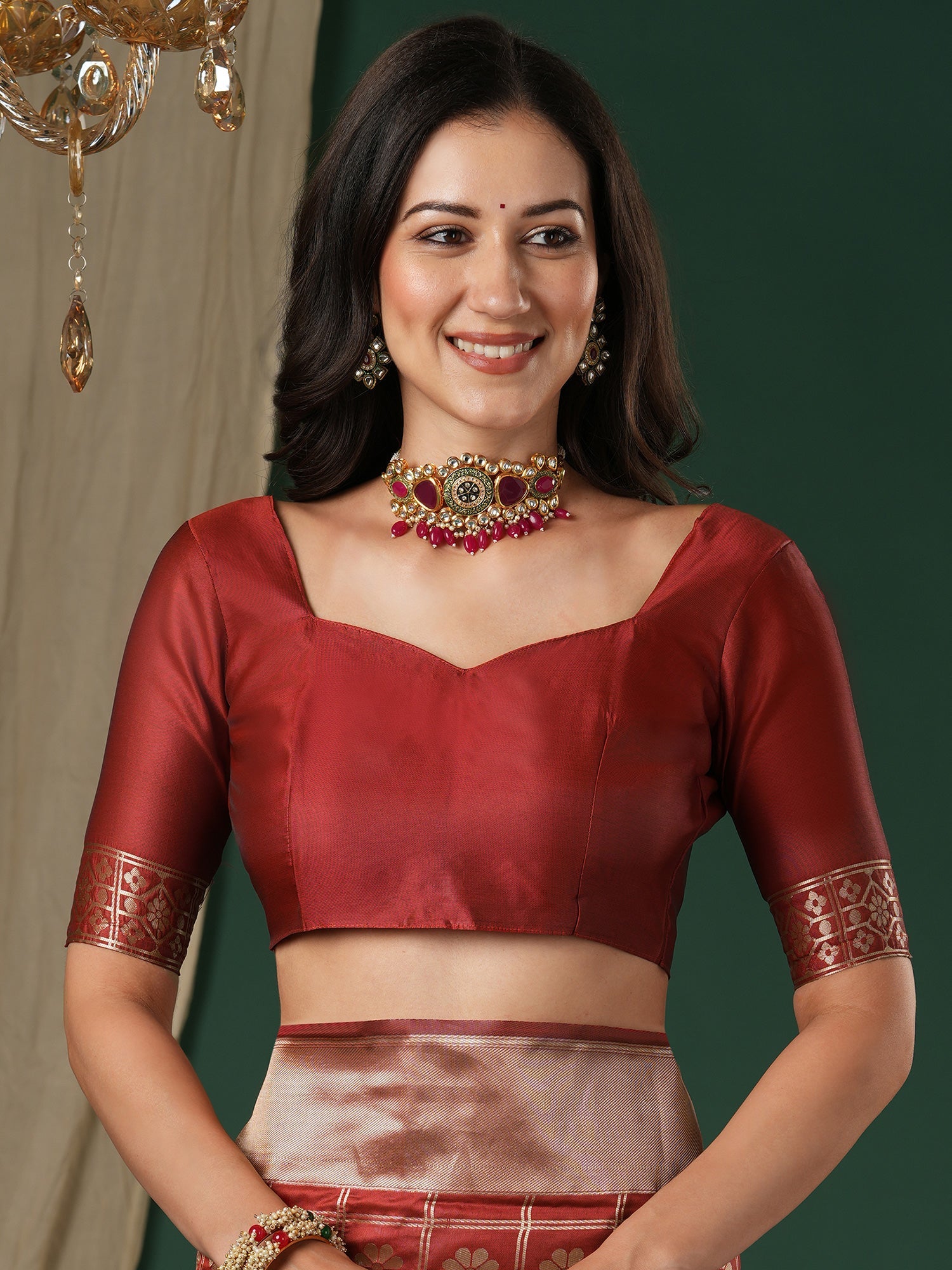 Saree Rust Red Geometric Grid Banarasi Silk - Ressa