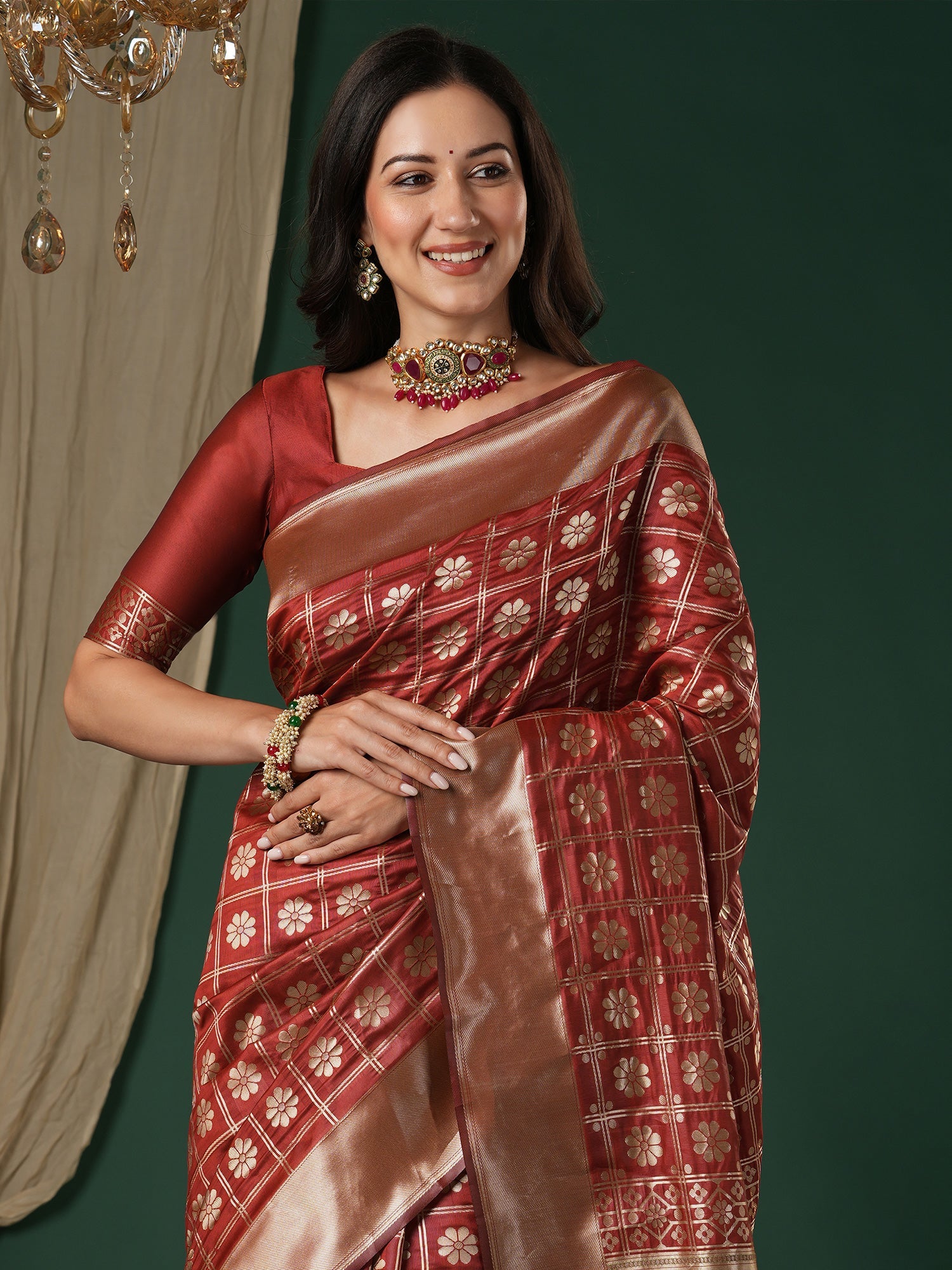 Saree Rust Red Geometric Grid Banarasi Silk - Ressa