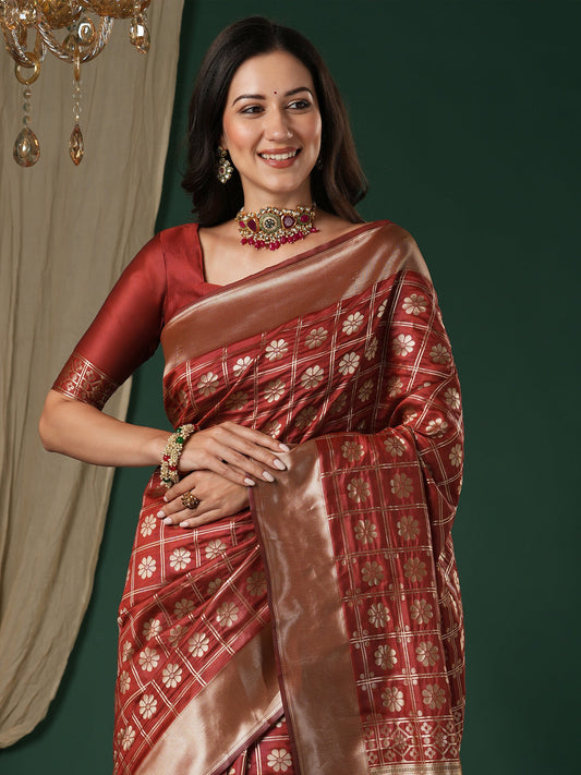 Saree Rust Red Geometric Grid Banarasi Silk - Ressa
