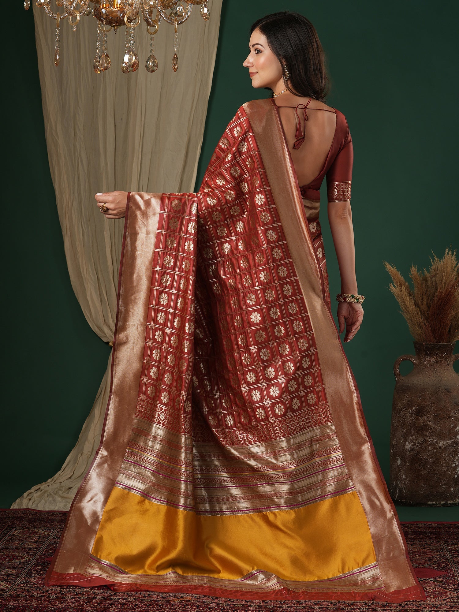 Saree Rust Red Geometric Grid Banarasi Silk - Ressa