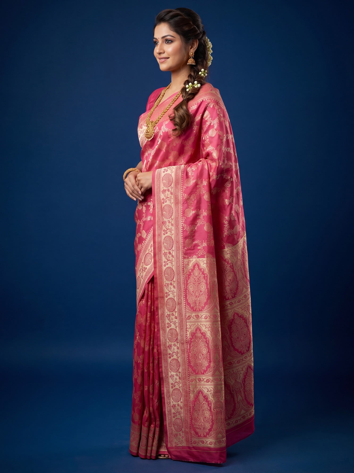 Saree Traditional Rose Pink Floral Jal Banarasi Silk - Ressa