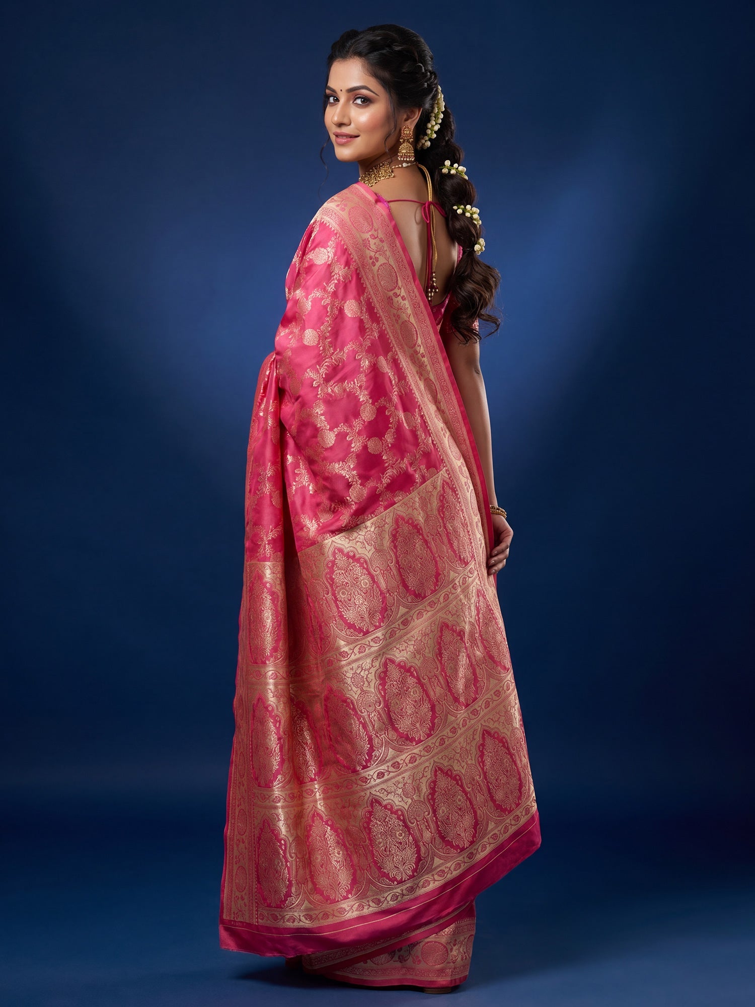 Saree Traditional Rose Pink Floral Jal Banarasi Silk - Ressa