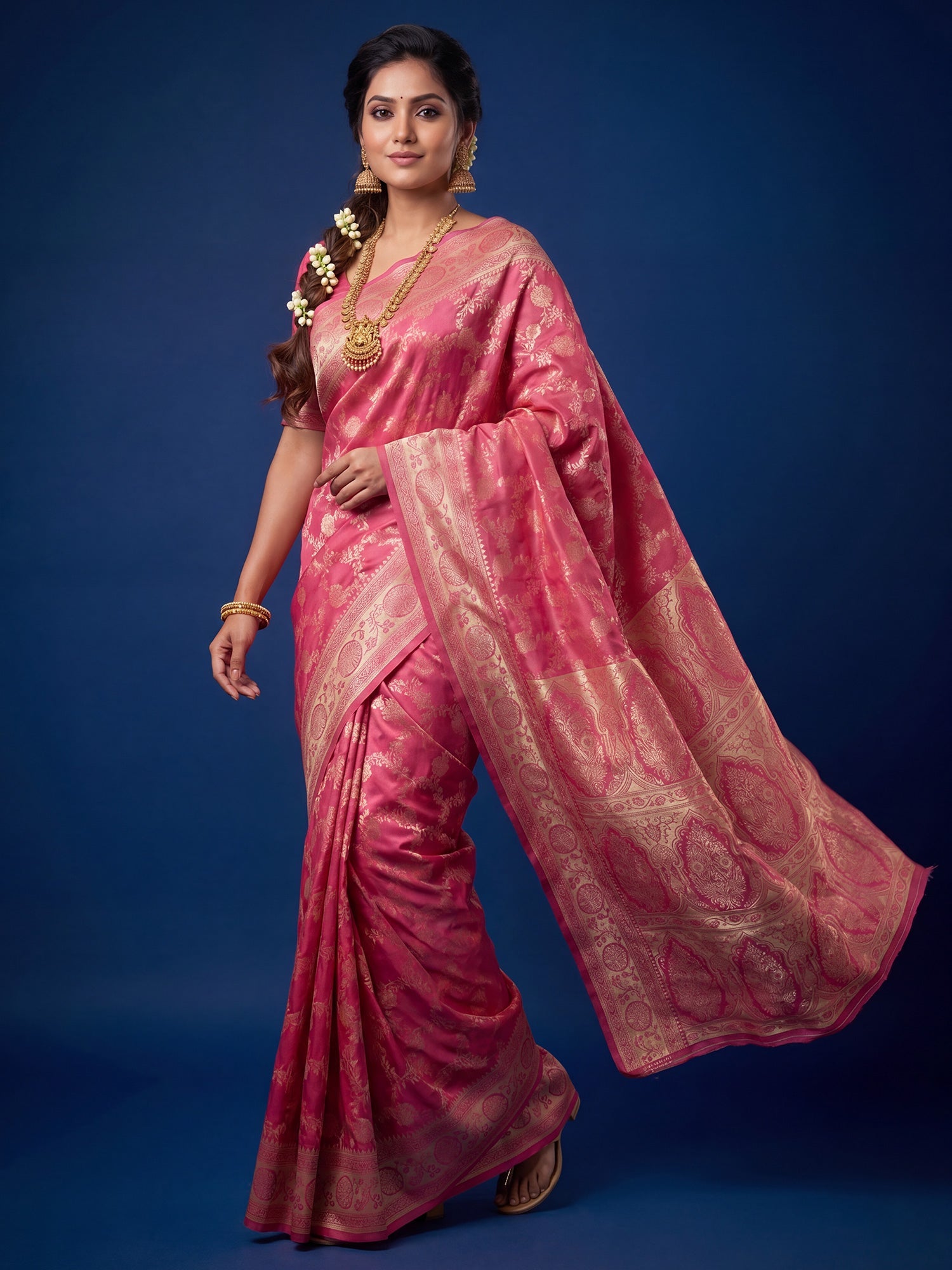 Saree Traditional Rose Pink Floral Jal Banarasi Silk - Ressa