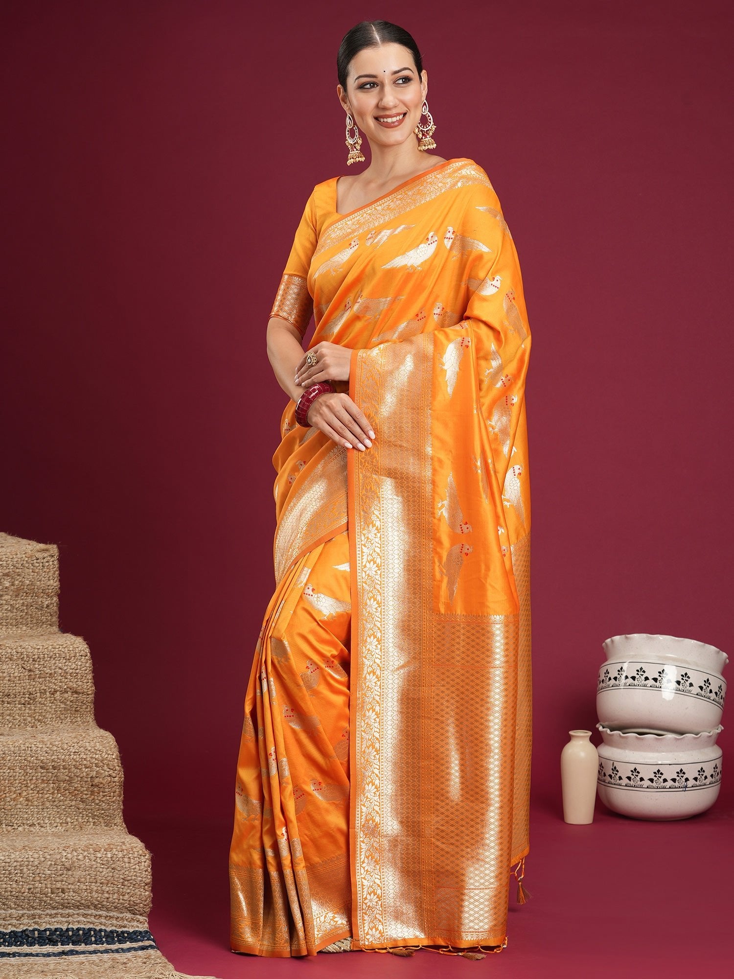 Saree Vibrant Mango Orange Heritage Katan Silk - Ressa