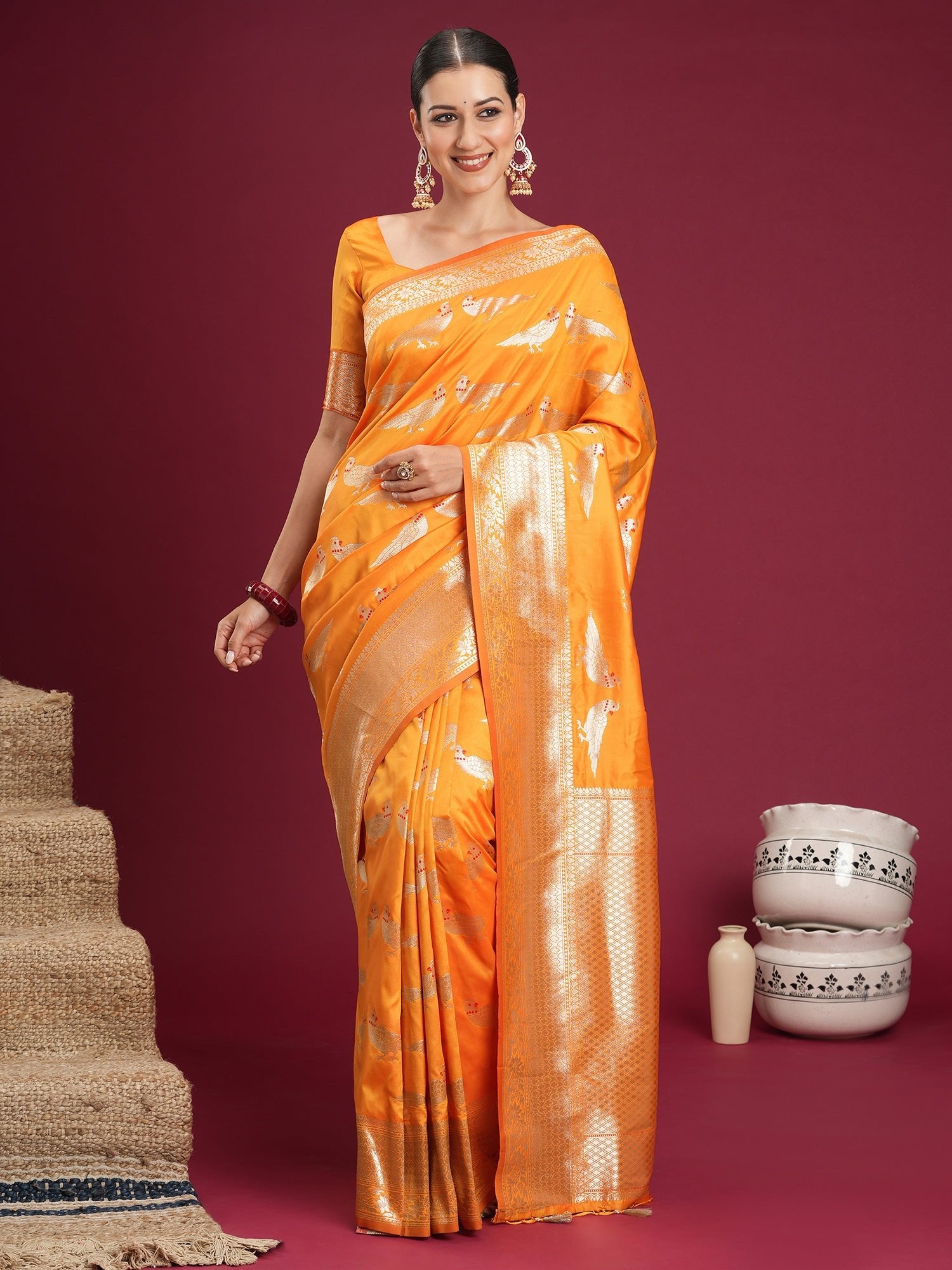 Saree Vibrant Mango Orange Heritage Katan Silk - Ressa