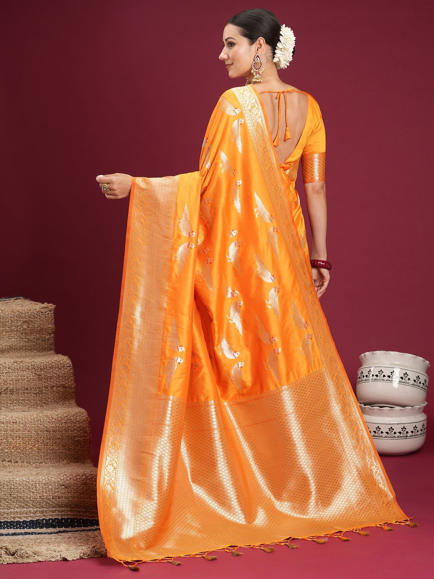 Saree Vibrant Mango Orange Heritage Katan Silk - Ressa