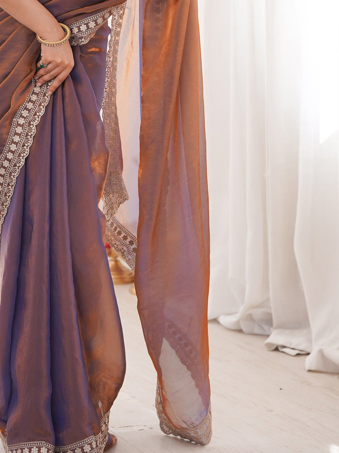 Satin Bronze Emblished Party Wear Saree - Ressa
