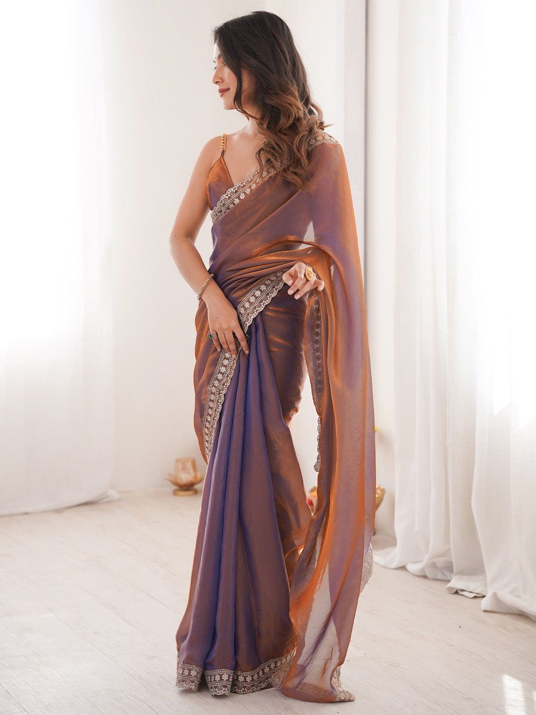 Satin Bronze Emblished Party Wear Saree - Ressa