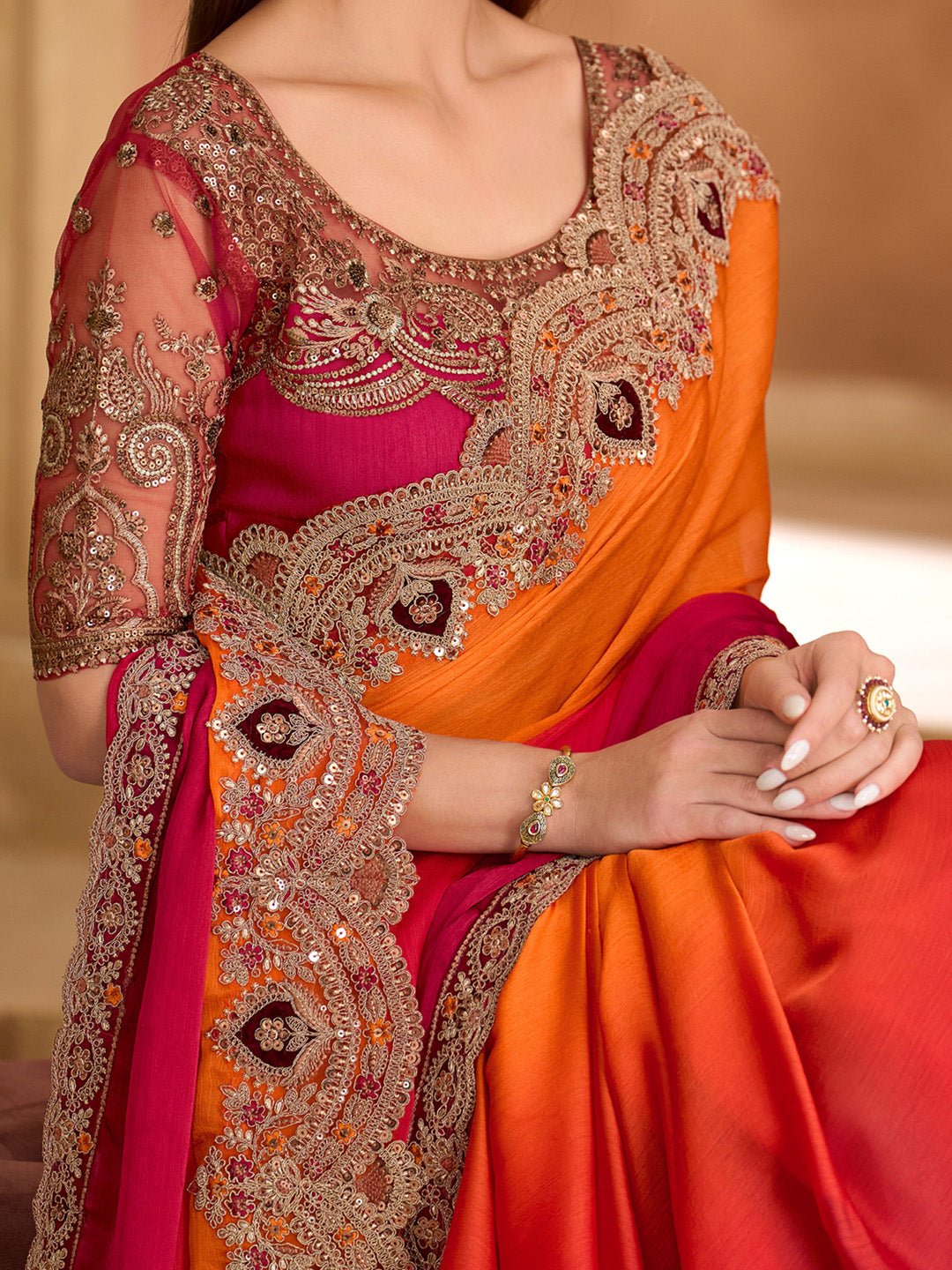Satin Emblished Red & Orange Saree - Ressa