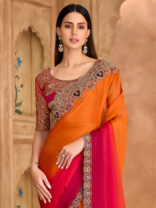 Satin Emblished Red & Orange Saree - Ressa
