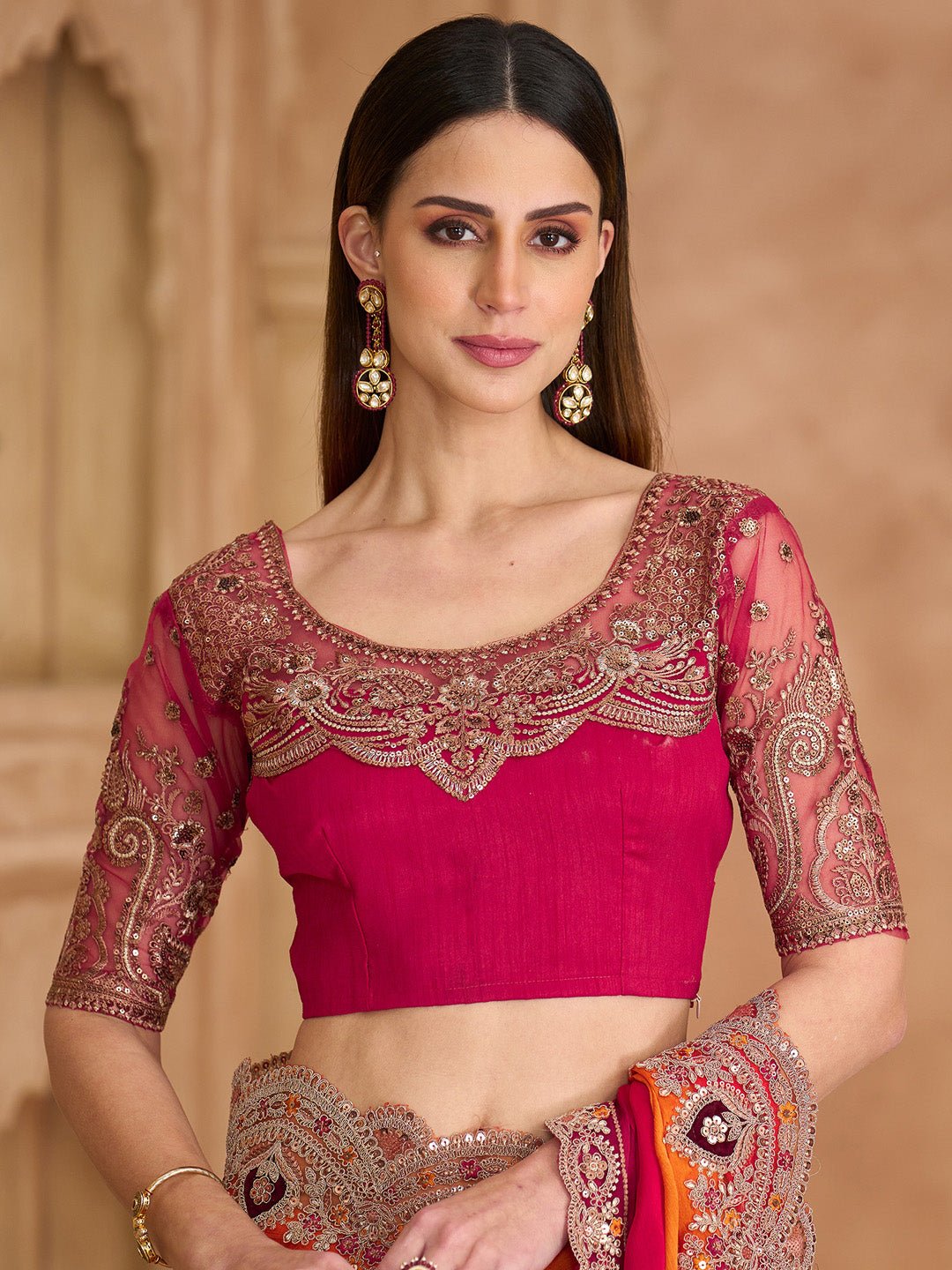 Satin Emblished Red & Orange Saree - Ressa