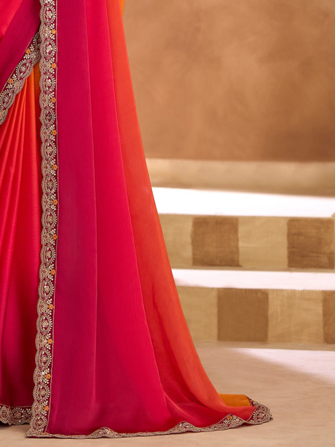 Satin Emblished Red & Orange Saree - Ressa