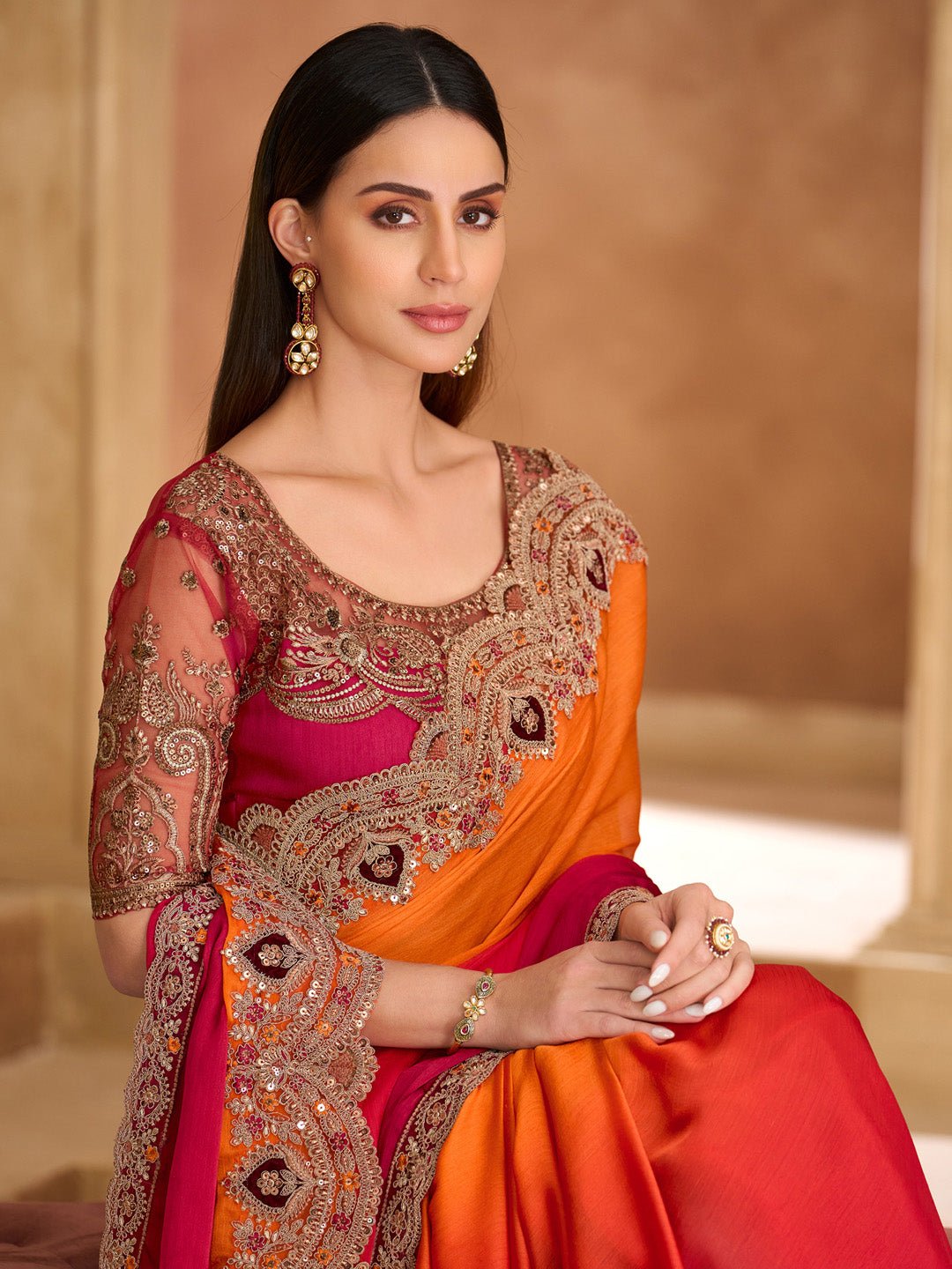Satin Emblished Red & Orange Saree - Ressa