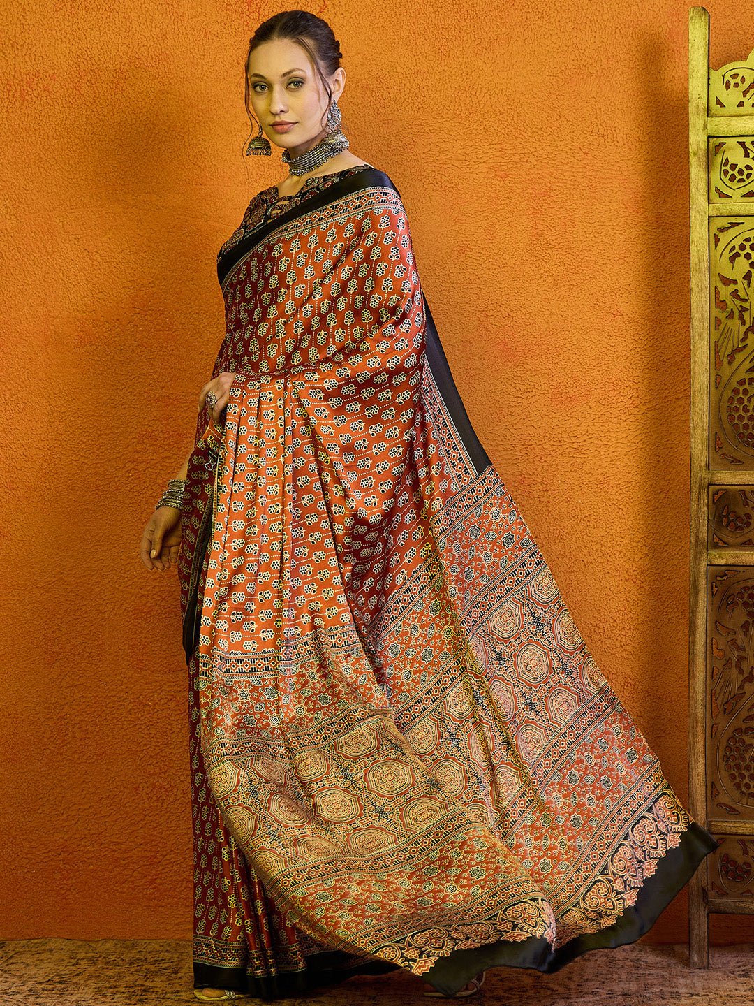 Satin Rust Ajrakh Block Printed Saree - Ressa