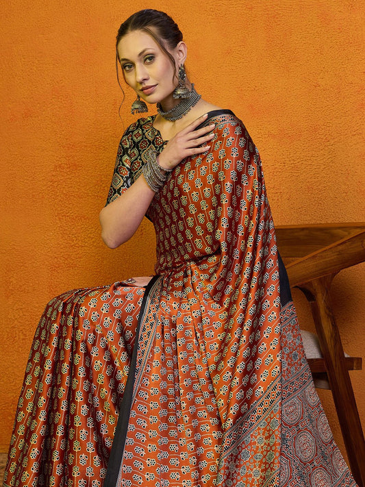 Satin Rust Ajrakh Block Printed Saree - Ressa