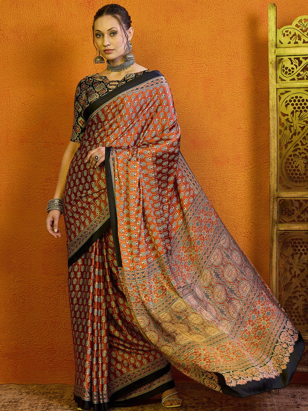 Satin Rust Ajrakh Block Printed Saree - Ressa