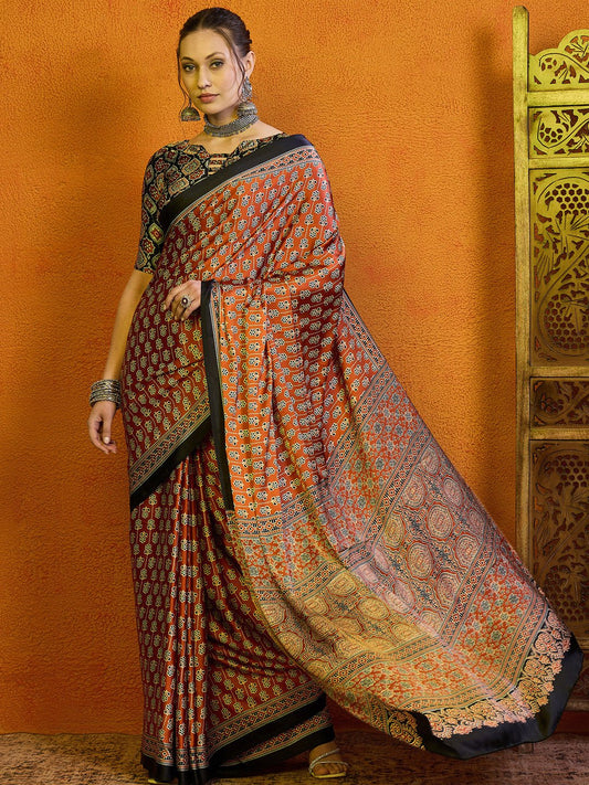 Satin Rust Ajrakh Block Printed Saree - Ressa