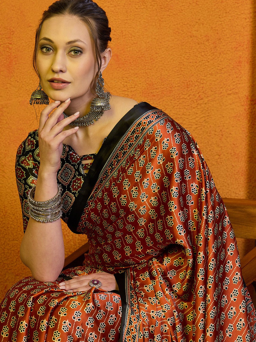 Satin Rust Ajrakh Block Printed Saree - Ressa