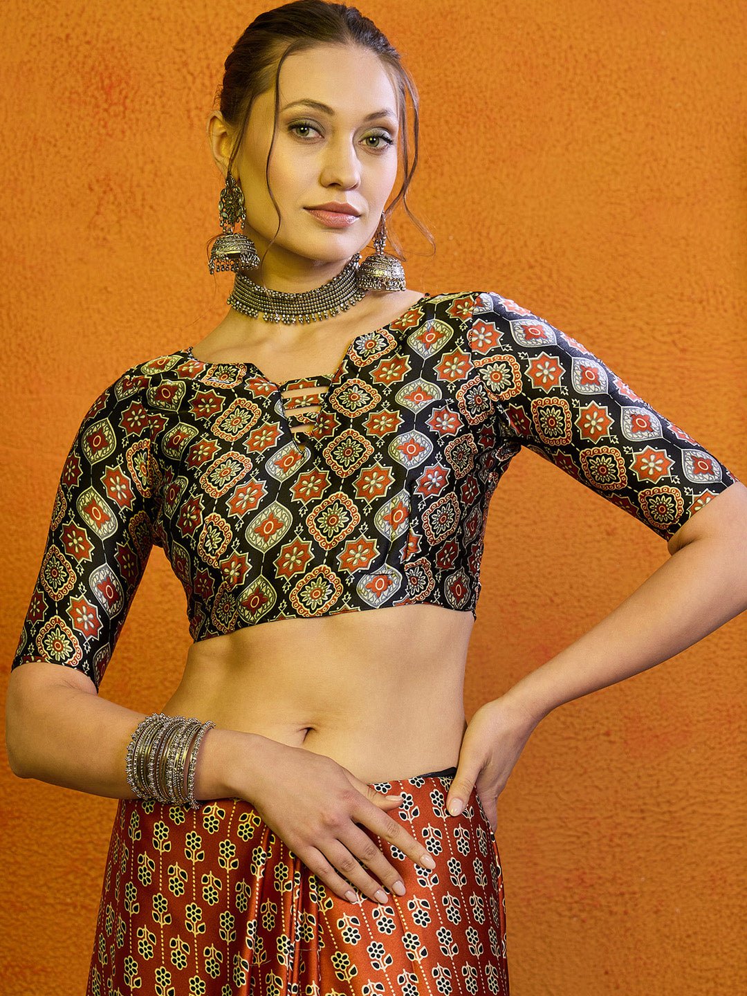 Satin Rust Ajrakh Block Printed Saree - Ressa