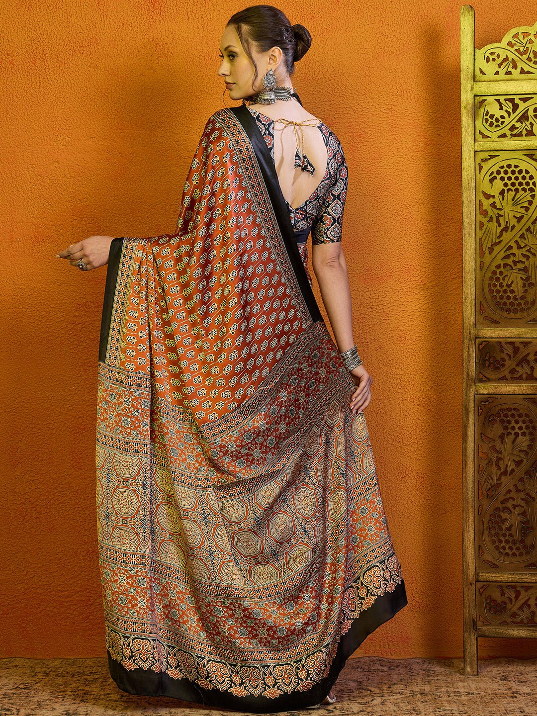 Satin Rust Ajrakh Block Printed Saree - Ressa