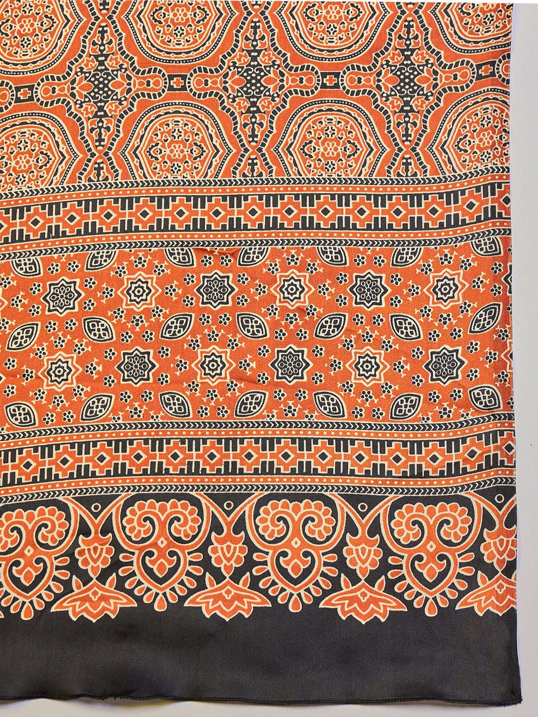 Satin Rust Ajrakh Block Printed Saree - Ressa