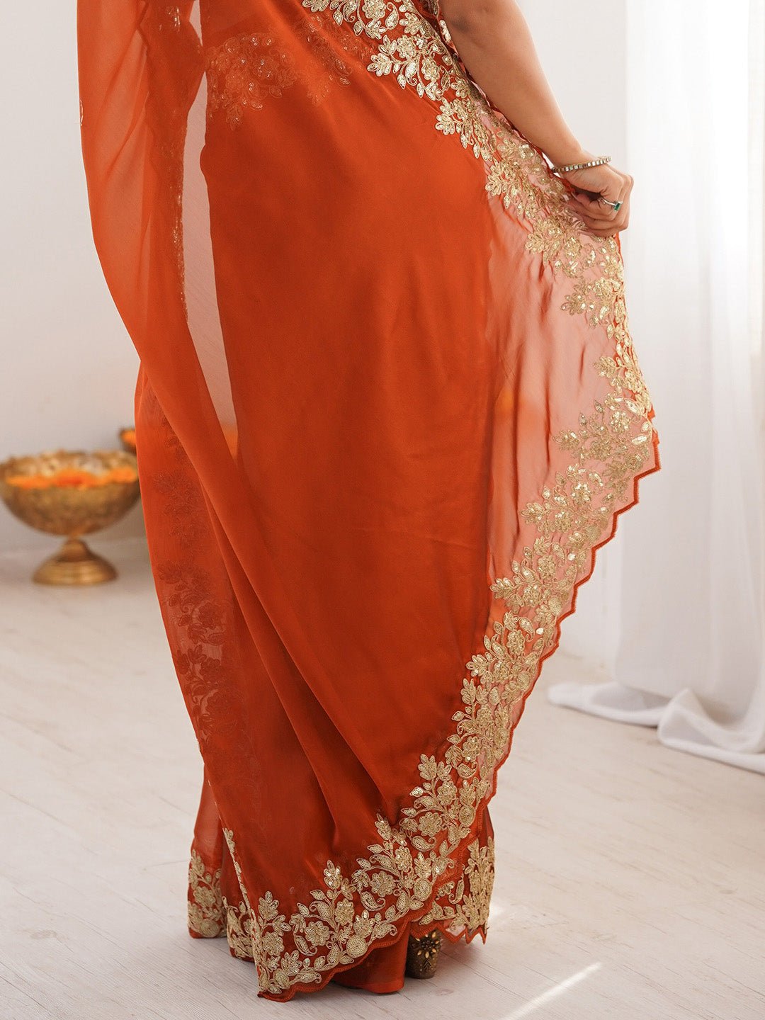Satin Rust Emblished Party Wear Saree - Ressa