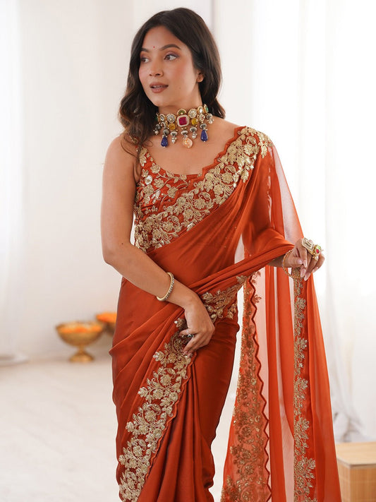 Satin Rust Emblished Party Wear Saree - Ressa