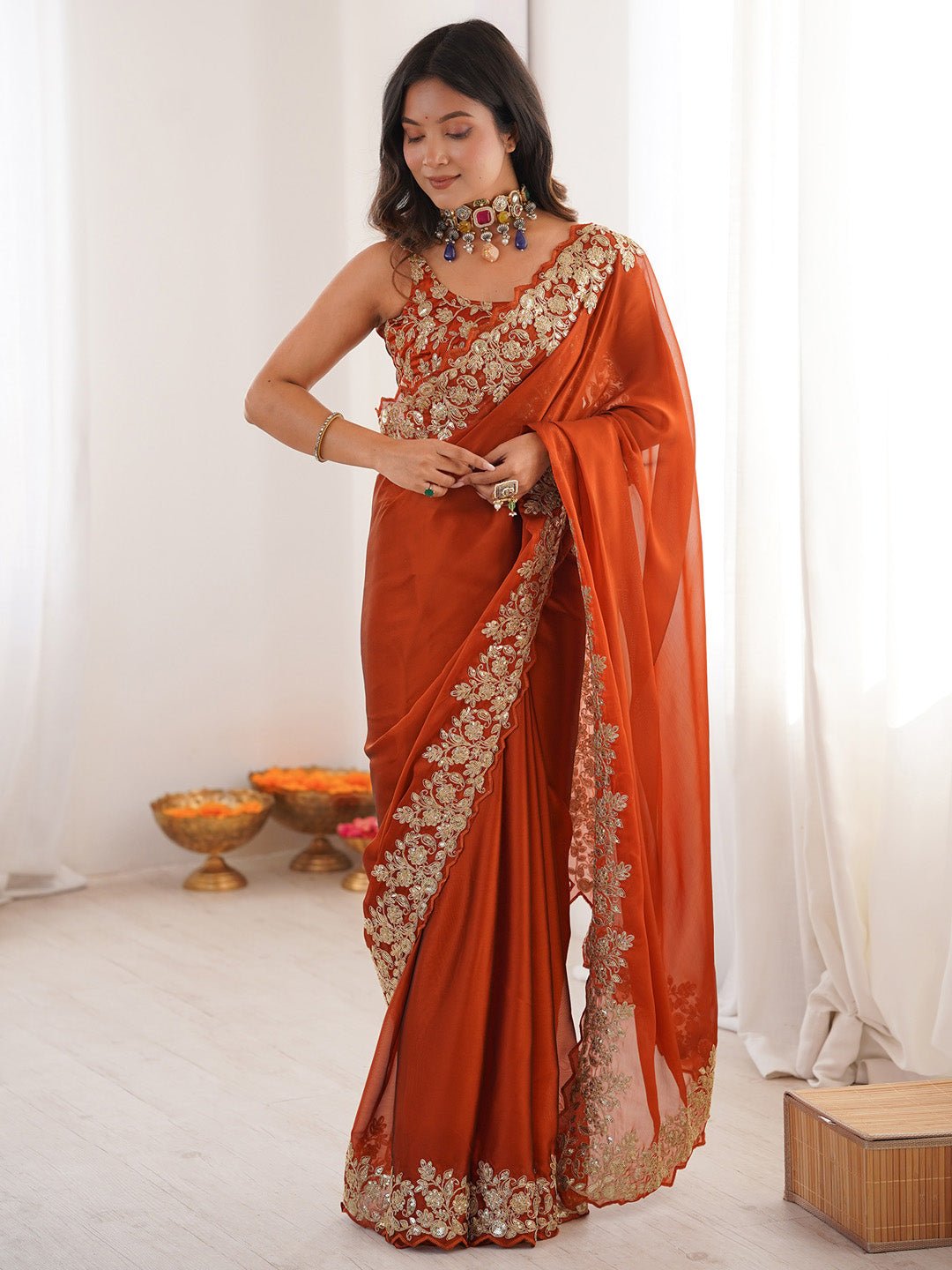 Satin Rust Emblished Party Wear Saree - Ressa