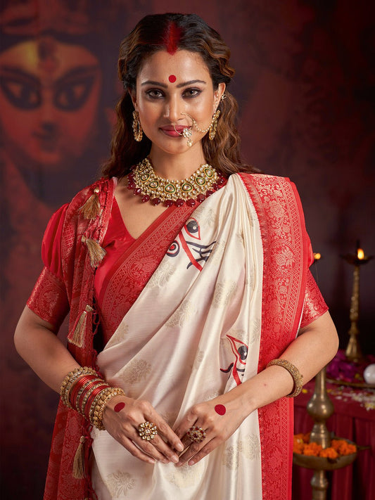 Satin Silk Banarasi Maa Durga Print Saree - Ressa