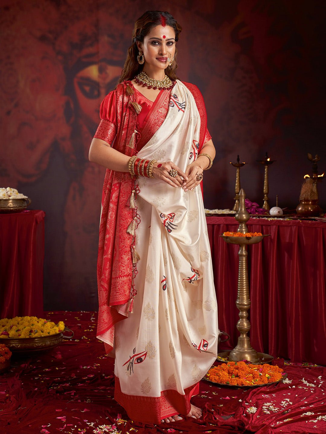 Satin Silk Banarasi Maa Durga Print Saree - Ressa
