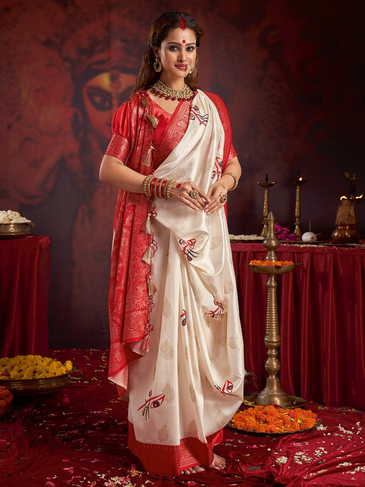 Satin Silk Banarasi Maa Durga Print Saree - Ressa