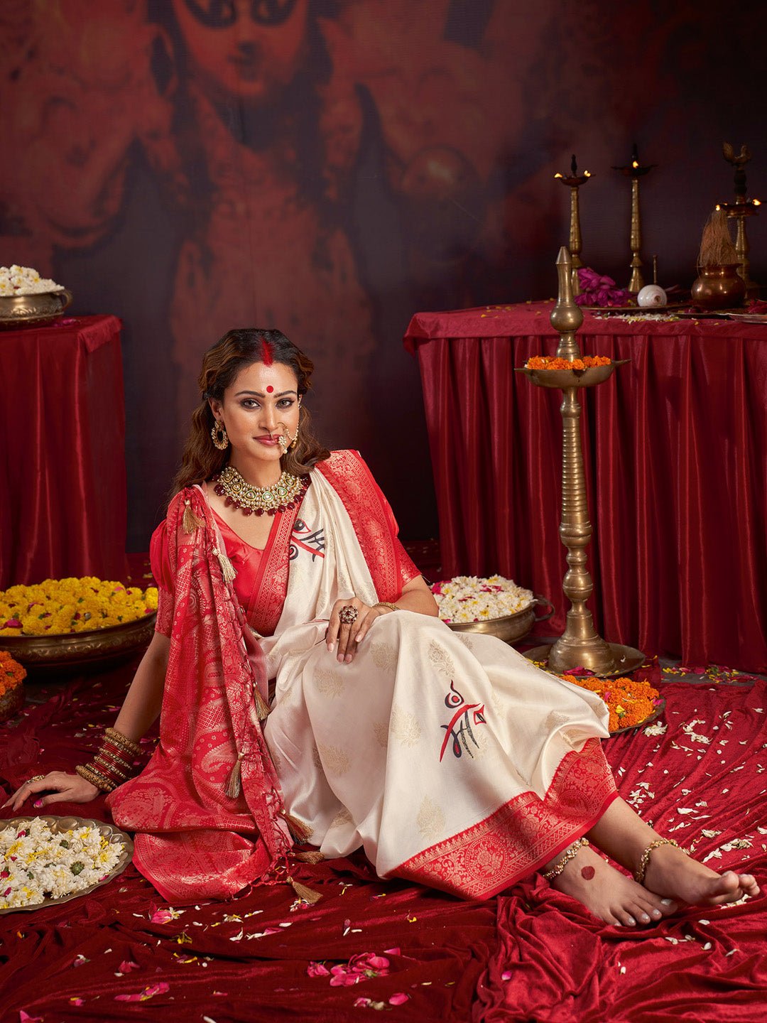 Satin Silk Banarasi Maa Durga Print Saree - Ressa