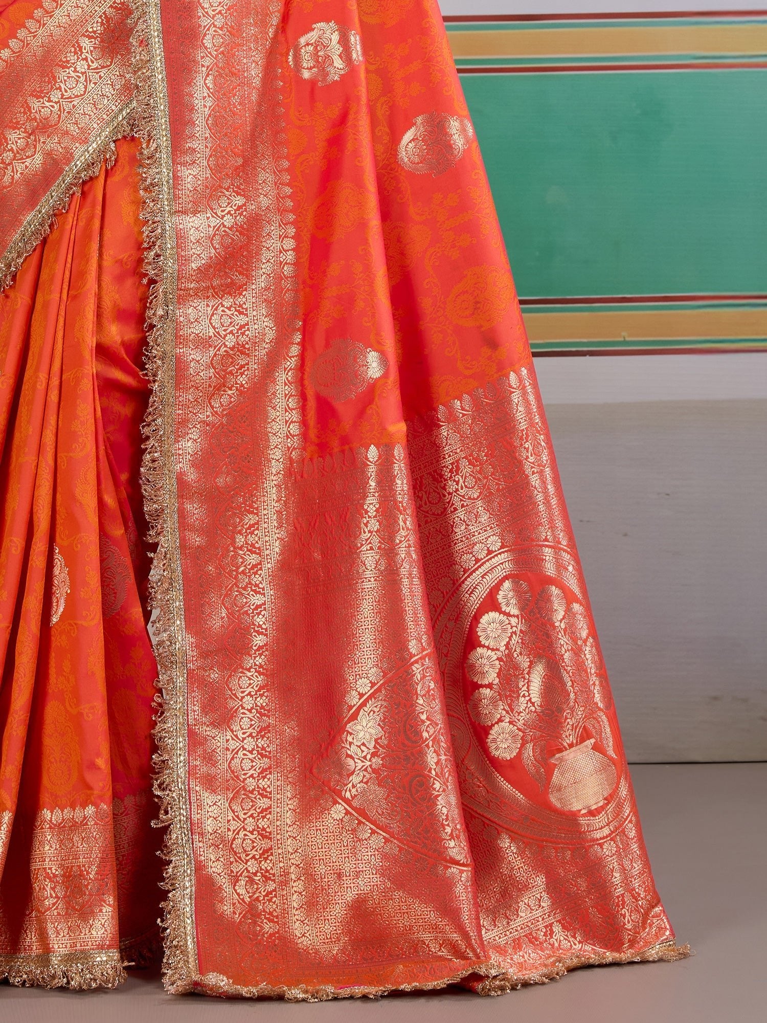 Satin Silk Saree in Orange-Red with Gold Zari Weave - Ressa